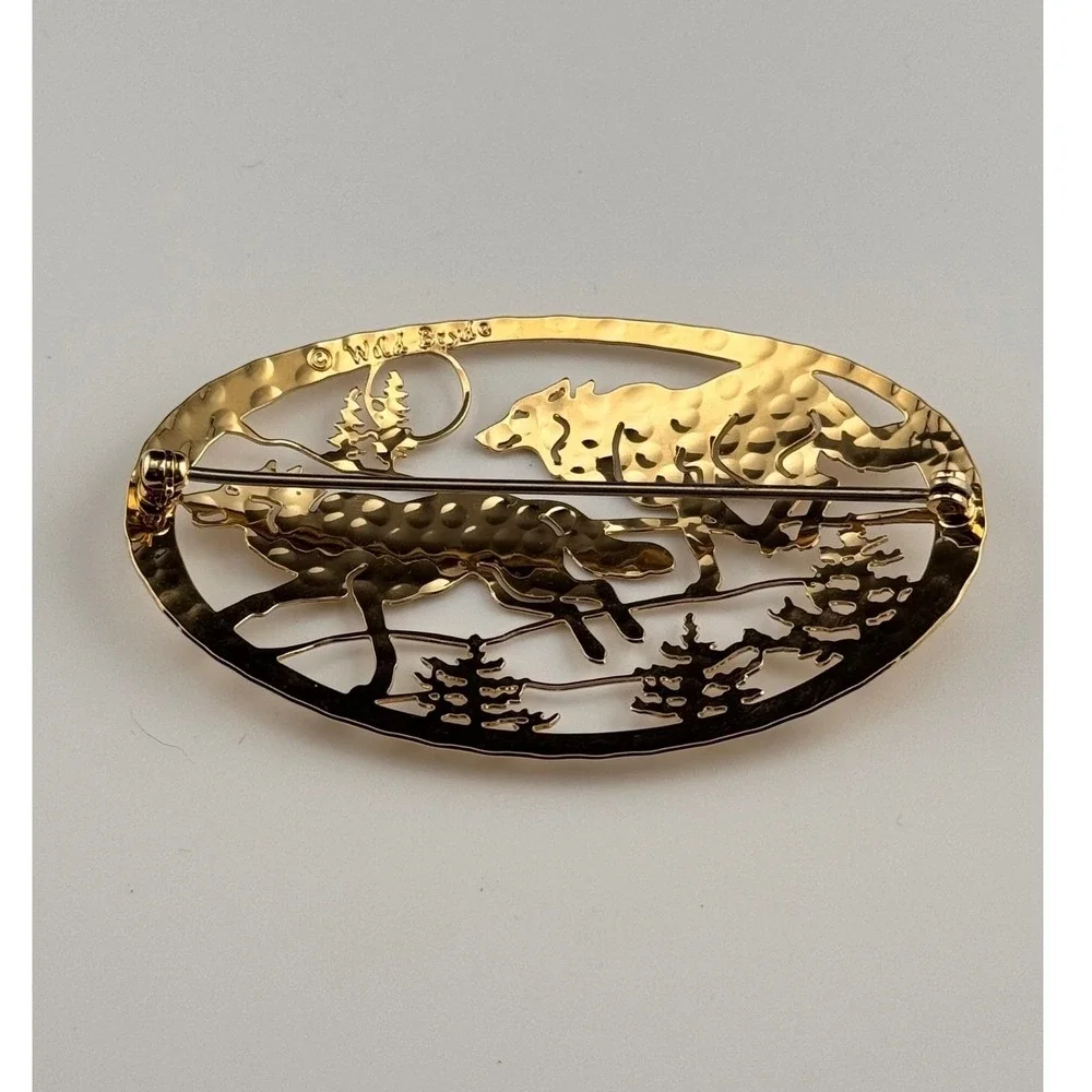 Wild Bryde Wolf Brooch Gold Tone Running Wolves Scenic Pin Vintage
